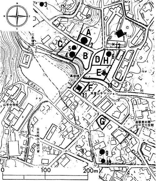 第19図　城山・三条古墳群および山芦屋遺跡の発掘調査地点分布図